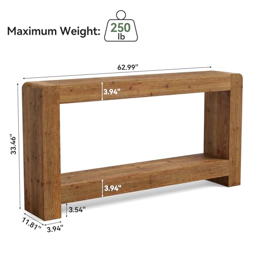 TRIBEWOOD Solid Wood Console Table with Storage, 63-Inch Farmhouse Entryway Table, 2-Tier Narrow Sofa Console Behind Couch, for Living Room, Hallway, Foyer, Rustic Brown TRIBEWOOD