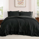 AMBERSPACE Queen Comforter Set Black, Ruffle Shabby Chic Bedding Set Farmhouse 7 Pieces, All Season Fluffy Bed in a Bag with Sheets, Pillowcases & Shams AMBERSPACE