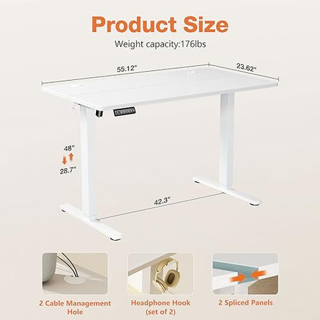 Sweetcrispy Electric Standing Desk Adjustable Height, 55x24 Inch Sit Stand Up Home Office Desks Computer Workstation PC Work Table with 3 Memory Preset Splice Wood Board Metal Frame, White Sweetcrispy