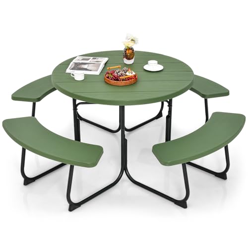 Giantex Picnic Table Set for Up to 8 Persons, Round Outdoor Table and Bench Set with Umbrella Hole, HDPE Top & Metal Frame, 2000LBS Capacity, Patio Table Bench Set for Deck Backyard Garden (Green) Giantex