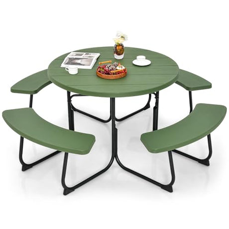 Giantex Picnic Table Set for Up to 8 Persons, Round Outdoor Table and Bench Set with Umbrella Hole, HDPE Top & Metal Frame, 2000LBS Capacity, Patio Table Bench Set for Deck Backyard Garden (Green) Giantex