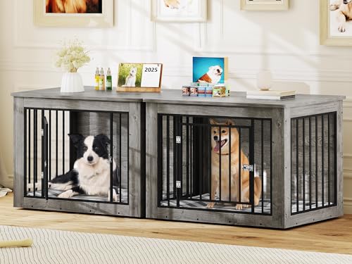 YITAHOME 76 Inch Double Dog Crate Furniture, XXL Dog Crate Furniture for 2 Dogs, Side End Table, Waterproof Top, Safety Corners, 2-in-1 Iron-Wood Fusion Dog Kennel Furniture for 2 Large Dogs,Greige YITAHOME