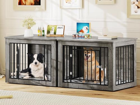 YITAHOME 76 Inch Double Dog Crate Furniture, XXL Dog Crate Furniture for 2 Dogs, Side End Table, Waterproof Top, Safety Corners, 2-in-1 Iron-Wood Fusion Dog Kennel Furniture for 2 Large Dogs,Greige YITAHOME