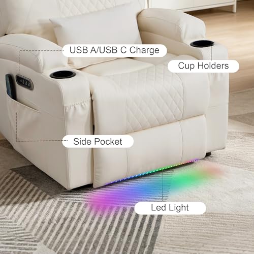 AHMED Rocking Recliner Nursery Chair, Dual Motor Power Swivel Glider Recliner with Heat & Massage, Nursery Recliner Chair with USB A/C Ports, Cup Holders & LED Light for Living Room & Bedroom, Beige