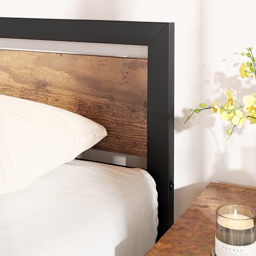 Industrial Rustic King Size Bed Frame with Wooden Headboard, No Box Spring Needed, Easy Assembly - WoodArtSupply