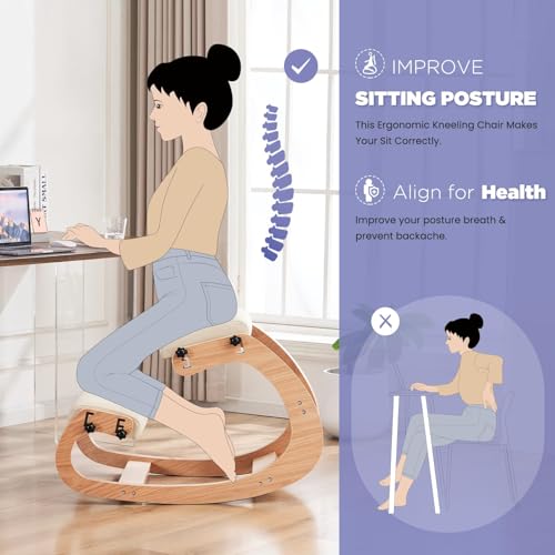 MoomJiee Ergonomic Kneeling Chair,Adjustable Rocking Knee Chair for Home Office,Wooden Office Chair for Back Pain Relief, Beige MoomJiee
