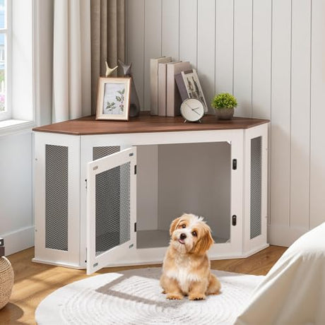 MAHANCRIS Corner Dog Crate Furniture, Wooden Dog Kennel End Table, Decorative Pet Crate Indoor Use, Furniture Style Dog House for Small Medium Dog, Dog Cage TV Stand, White and Walnut DCBA0801 MAHANCRIS