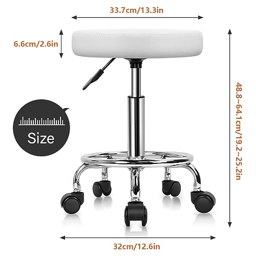 KKTONER PU Leather Round Rolling Stool with Foot Rest Swivel Height Adjustable Stool Spa Drafting Salon Tattoo Work Office Massage Task Chair White Small (White) KKTONER