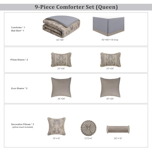 Loom and Mill 9-Piece Jacquard Comforter Set Queen, Royal Elegant Damask Design Comforter Sets, Luxury Bedding Set with Bed Skirt, Euro Shams, Decorative Pillows, All Season(Gray+Beige Brown, Queen) Loom and Mill