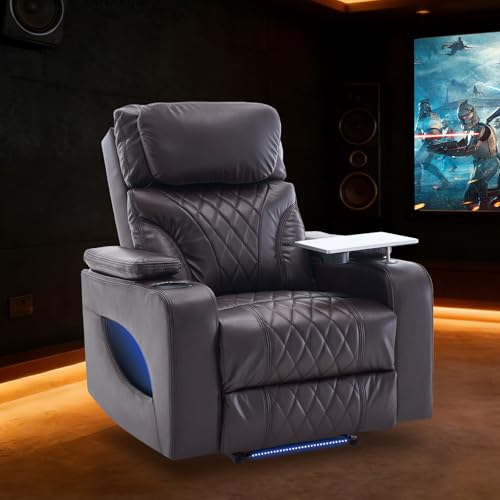 Zuacs Power Recliner Home Theater Seating with Cooling Cup Holder and Massage Heating, Blue Color Ambient Lighting Recliner Chair,Movie Sofa with Tray Table, USB Charging & Manual Headrest, Brown