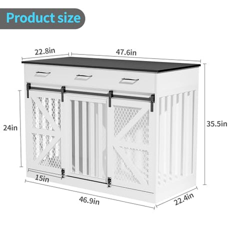 kepptory 48'' Dog Crate Furniture with Divider&Storage Drawers, Wooden Double Dog Kennel Furniture End Table with Sliding Barn Doors, White Double Dog Crate TV Stand kepptory