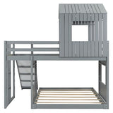 Harper & Bright Designs House Bunk Beds Twin Over Full Size, Wood Bunk Beds with Roof and Window (Grey, Twin Over Full (with Slide)) Harper & Bright Designs