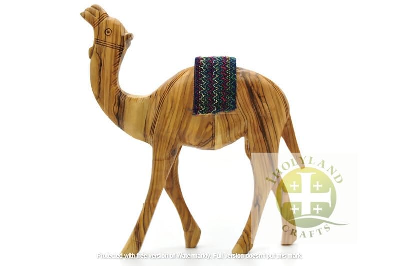 Wooden Camel Figurine, Handmade Olive Wood Nativity Camel with Embroidery Saddle Carved in the Holy Land by Christian Artisans, Nativity Animals, iHoly Land Crafts