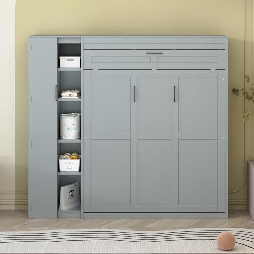 Merax Full Size Murphy Bed Wall Bed with Shelves, Drawers and LED Lights,Gray Merax