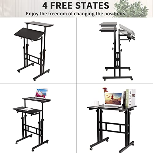 SIDUCAL Mobile Standing Desk, Portable Stand Up, Small Adjustable Converter with Wheels Home Office Workstation, Rolling Desk Laptop Cart for Standing or Sitting, Black SIDUCAL