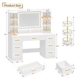 Vanity Desk with Mirror and Lights, White Makeup Vanity Table with 360° Roating Shelves, Large Vanity Desk with 7 Drawers, Power Outlet, Dressing Table Set with Lighted Mirror Adjustable, for Bedroom Aiguazi