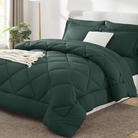 CozyLux Queen Comforter Set Forest Green - Bed in a Bag Queen Size 7 Pieces, Luxury Soft Bed Set for All Seasons, Bedding Set with Down Alternative Comforter, Sheets, Pillowcases & Shams CozyLux