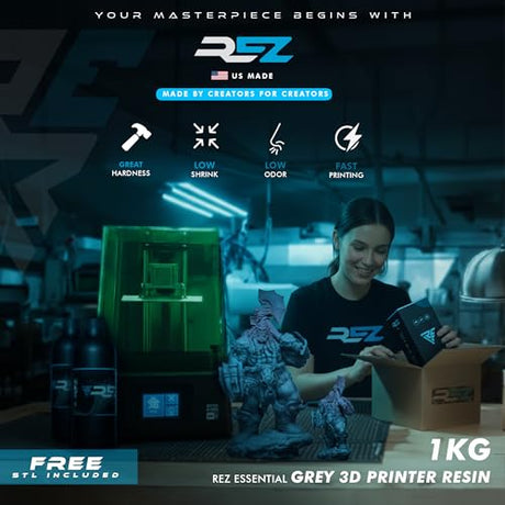 Rez Resin 1 kg, Essential Grey UV Photopolymer Resin for SLA/DLP/LCD 3D Printers, Ultra-High Detail, Fast-Curing Tough Resin for Highly Detailed Models, high Strength and Low Odor, 2K 4K 6K 8K REZ