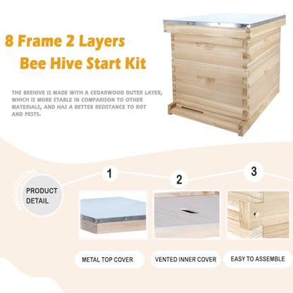 POLLIBEE Beehive 8 Frame Bee Hive Starter Kit, Bee Hives Include 1 Deep Brood Bee Box and 1 Medium Hive Box with Bee Frames and Waxed Beehive Foundation, Complete Bee Hive for Beginner - WoodArtSupply