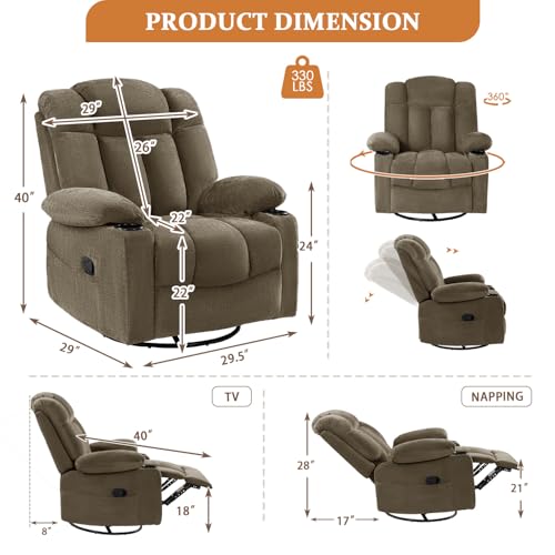 Vawobl Swivel Rocker Recliner Chair for Adults – Manual Glider Sofa with Massage, Heat & Vibration, 360° Rocking for Living Room or Nursery (Light Brown, 30"x30"x40")