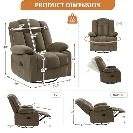 Vawobl Swivel Rocker Recliner Chair for Adults – Manual Glider Sofa with Massage, Heat & Vibration, 360° Rocking for Living Room or Nursery (Light Brown, 30"x30"x40") Vawobl