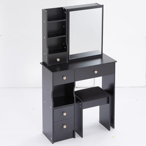 Montary 29.2" Small Size Vanity Desk with Drawers & Sliding Mirror, Cushioned Stool Included, Multi-Layer Storage, Hidden Compartments,Practical & Fashionable Dresser for Small Spaces,Black Montary