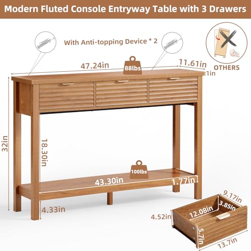 LEYAOYAO Fluted 47.2" Console Table with 3 Drawers, Modern Wood 2 Tier Entryway Table with Open Storage Shelf, Boho Sofa Entry Tables Behind Couch for Living Room, Hallway, Entrance Foyer, Tea Brown LEYAOYAO