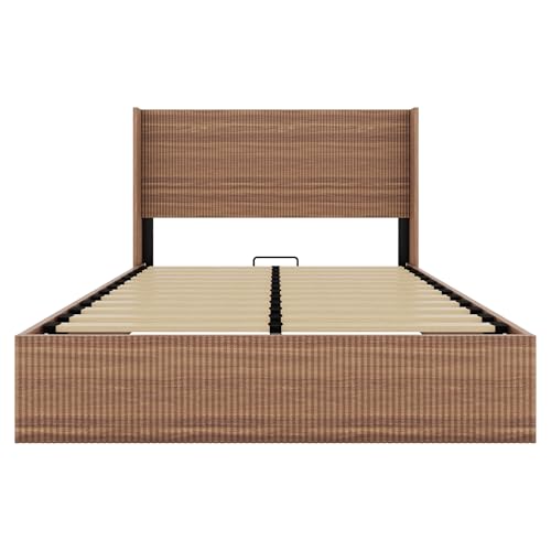 Lift Up Storage Bed Queen Size, Queen Bed Frame with Headboard and Lift Storage System, Wood Headboard with Wing-Back and Convex Groove Board Design Bellemave