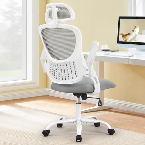 Sweetcrispy Home Office Desk Chair, Ergonomic High-Back Mesh Rolling Work Computer Chairs with Wheels and Adjustable Headrests, Comfortable Lumbar Support, Comfy Flip-up Arms for Bedroom, Study, Grey Sweetcrispy