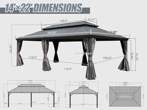 Domi 14x22FT Hardtop Gazebo, Permanent Outdoor Gazebo with Galvanized Steel Double Roof and Aluminum Frame, Curtain and Netting, Large Pavilion Gazebo for Patio Deck Garden, Grey domi outdoor living