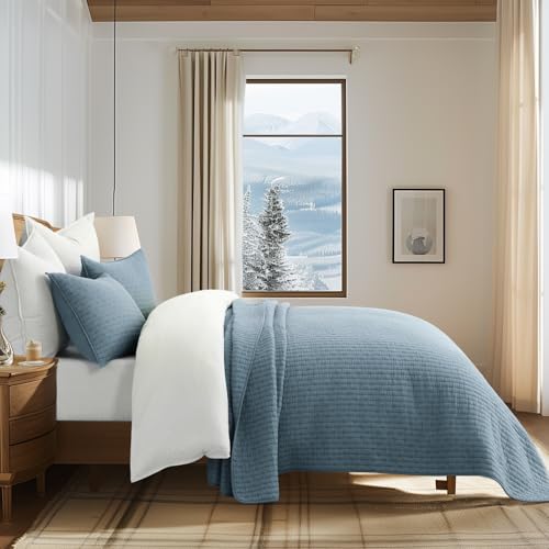EVERGRACE x Kinsey Walsh Cross Stitch Pre-Washed Cotton Quilt Bedding Set Queen Size, Oversized 3 Pieces Lightweight Bedspread Coverlet for All Season, with 2 Matching Shams, Dusty Blue, 92"x96" EVERGRACEHOME