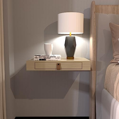 Bloddream Floating Shelf with Drawer, Nightstand for Bedroom - 16'' Wall Shelf, White Floating Shelf with Storage, Floating Bedside Table (Natural) Bloddream