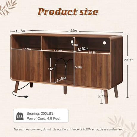 Nasonet Record Player Stand with Vinyl Storage Cabinet, 55'' Large Mid Century Modern Turntable Cabinet with Charging Station & USB Ports, Curved Wood Stereo Cabinet for Living Room, Walnut Nasonet
