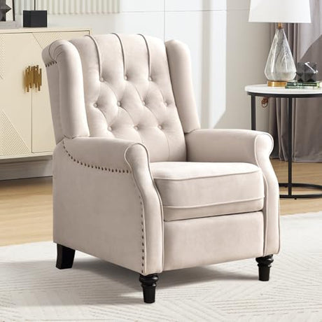 EBELLO Push Back Recliner Chair, Fabric Accent Chair Pushback Recliner with Rivet Decoration, Button-Tufted Back, Mid Century Wingback Armchair for Living Room, Bedroom, Beige EBELLO
