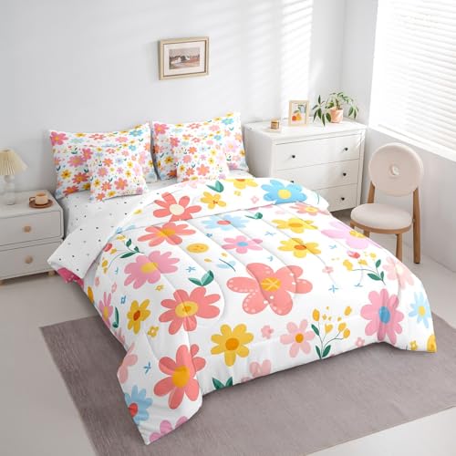 Feelyou Cute Flower 7 Piece Bedding Set Twin Size Kids Cartoon Cute Floral Bed in a Bag for Kids Girls Teens Toddler Yellow Pink Comforter Set with Sheets Kawaii Bed Set Feelyou