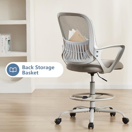 DUMOS Drafting Chair - Ergonomic Tall Office for Standing Desk, Counter with Height Adjustable and Comfortable Lumbar Support, Fixed Armrests, Grey DUMOS