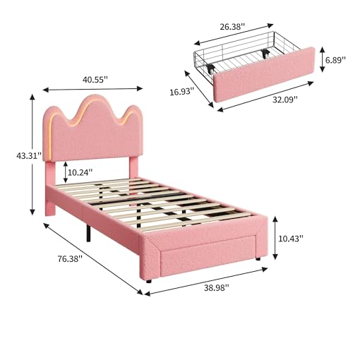 IDEALHOUSE Twin Bed Frame with LED Headboard and Under-Bed Drawer, Metal Upholstered Platform Bed with LED Light for Kids, Girls, Lamb Fleece Fabric, Wooden Slats Support, No Box Spring Needed, Pink IDEALHOUSE