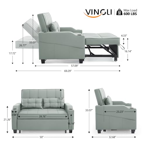 VINGLI Light Green Futon Sofa Bed Convertible Loveseat Sleeper Couch, Faux Leather Pullout Sofa Fold Out Couch Bed with USB Ports, Cup Holders, Armrest for Living Room, Bedroom Apartment Room VINGLI