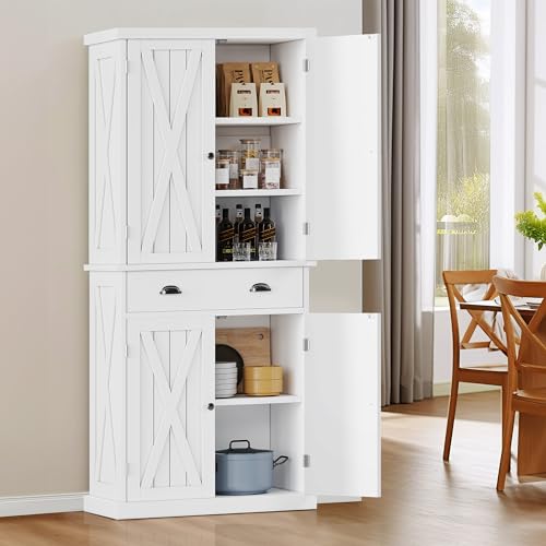 DWVO 72'' Tall Farmhouse Kitchen Pantry with Adjustable Shelves, Wood Kitchen Storage Cabinets with Doors & Drawer, Freestanding Cupboard for for Kitchen, Dining Room, Living Room, White