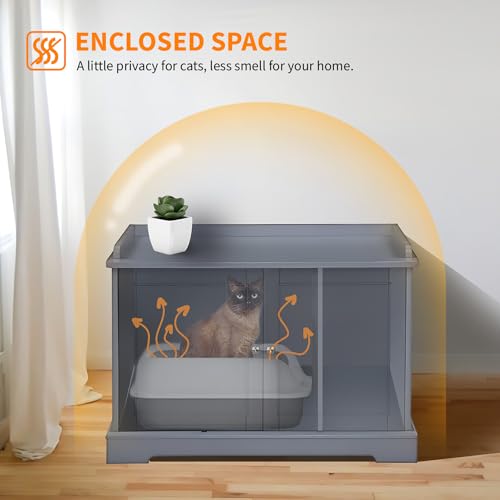 Cat Litter Box Enclosure Furniture, Litter Box Furniture Hidden with Removable Divider, Wooden Cat Washroom Furniture,Cat House, 28.74“L x 21.1”W x 20.24“H - Gray Sumell