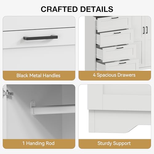 GarveeHome Multifunctional Wooden Dresser for Bedroom, 43.3'' H 2 Door Wardrobe Armoire Closet with 4 Drawers and Hanging Rod, Low Storage Cabinet for Hanging Cloth, White and Brown GarveeHome