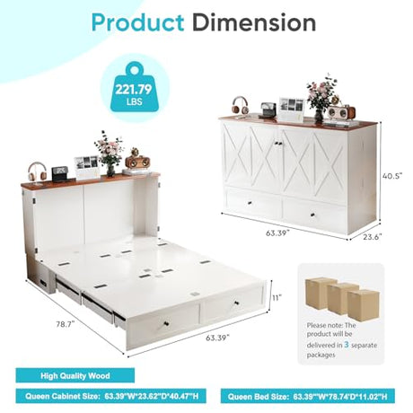 CECER Queen Size Murphy Bed with Tri-Folding Mattress，Murphy Bed Queen with 2 Large Storage Drawers and Charging Station for Small Spaces/Bedroom/Guest Room-（White） CECER