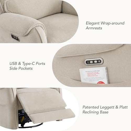Watson & Whitely Power Recliner Chair W 3-Level LED Night Light, Swivel Glider Nursery Rocking Chair W Lumbar Pillow for Living Room, Oeko-TEX & FSC Certified, Fabric Sand