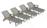 Outdoor Lounge Chair Set of 4, All Weather Patio Chaise Lounge Chairs for Outside, HDPE Chair with Rolling Wheels & Cup Holder, 5 Position, Deck, Pool, Grey