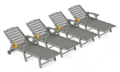 Outdoor Lounge Chair Set of 4, All Weather Patio Chaise Lounge Chairs for Outside, HDPE Chair with Rolling Wheels & Cup Holder, 5 Position, Deck, Pool, Grey