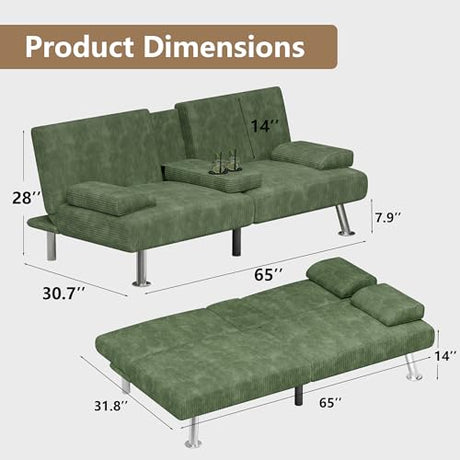 Flamaker Futon Sofa Bed Corduroy Folding Couch Adjustable Sleeper Sofa Bed for Small Apartment Upholstered Living Room Furniture Set with 2 Cup Holders Removable Armrests (Corduroy, Green) Flamaker
