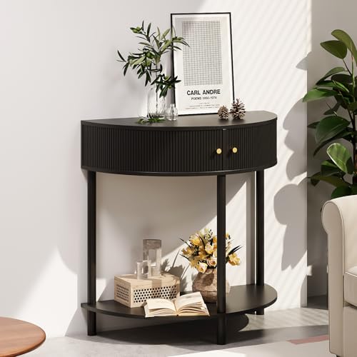 Trironsun Fluted Half Moon Console Table 2 Tier Narrow Entryway Table with Storage for Small Space Modern Wood Sofa Table with Doors and Gold Knobs Boho Home Decor Trironsun