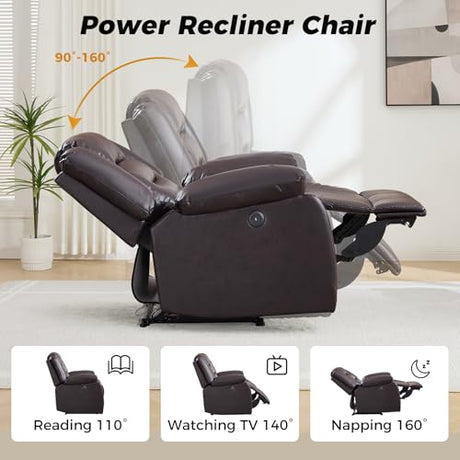 EBELLO Classic Power Recliner Chair for Living Room, Faux Leather Oversized Electric Overstuffed Reclining Chair with Thick Cushion, Comfortable Armrest and USB Charge Port, Brown EBELLO