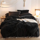 HAIHUA Plush Black Comforter Cover Queen Set, Soft Faux Fur Fluffy Black Bedding Queen Set 3 Pieces (1 Fuzzy Duvet Cover + 2 Furry Pillow Cases) Shaggy Bed Set, Zipper Closure HAIHUA