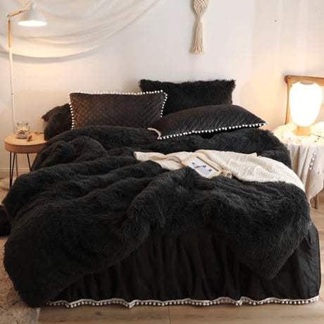 HAIHUA Plush Black Comforter Cover Queen Set, Soft Faux Fur Fluffy Black Bedding Queen Set 3 Pieces (1 Fuzzy Duvet Cover + 2 Furry Pillow Cases) Shaggy Bed Set, Zipper Closure HAIHUA